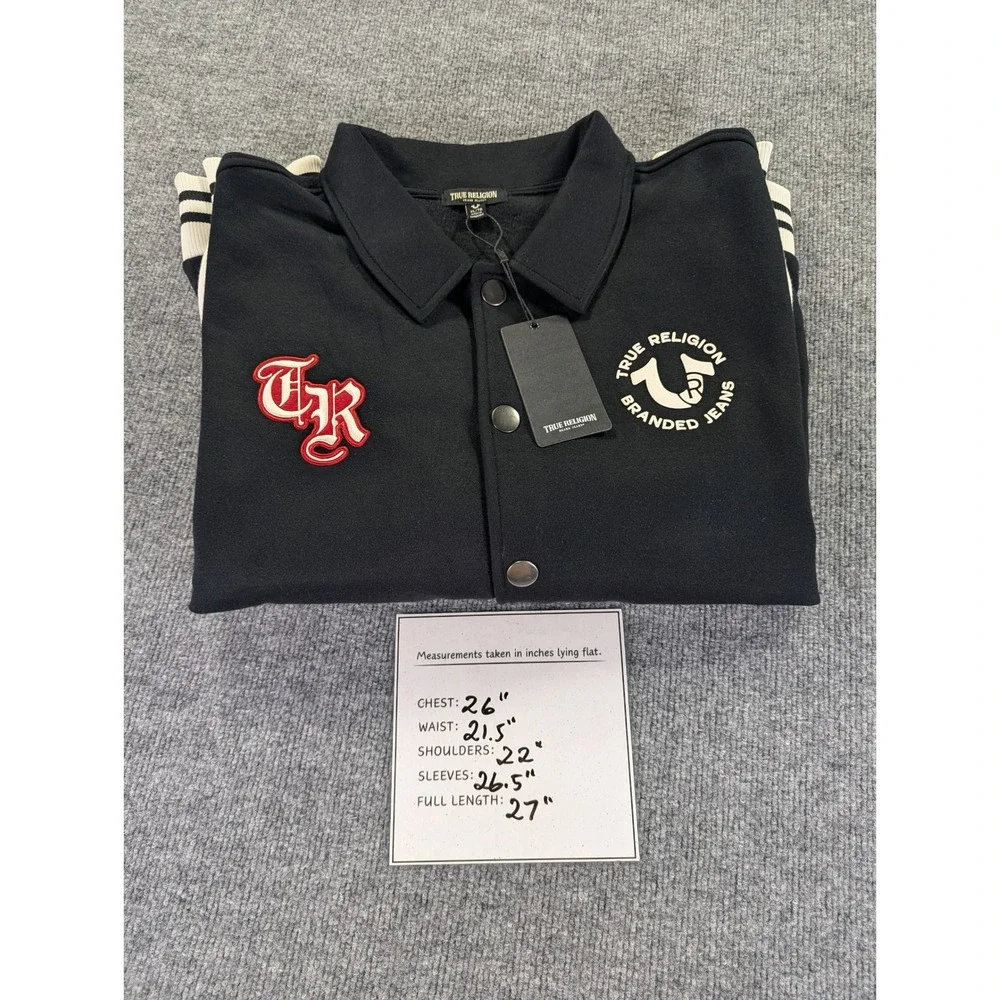 True Religion Collared Patch Fleece Varsity Jacket XL Black White 700581 New